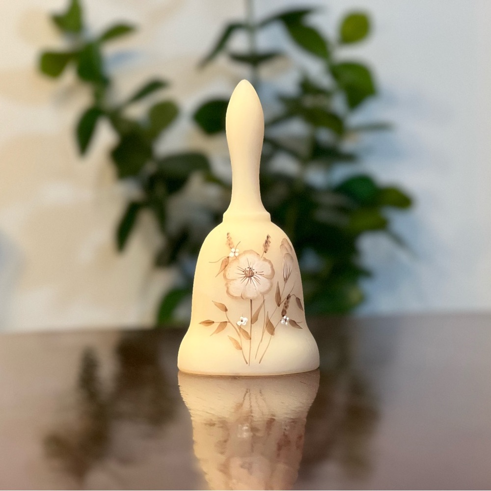 Fenton Satin Custard Glass Bell Floral Hand Painted Flowers Signed Vintage 4.5”
